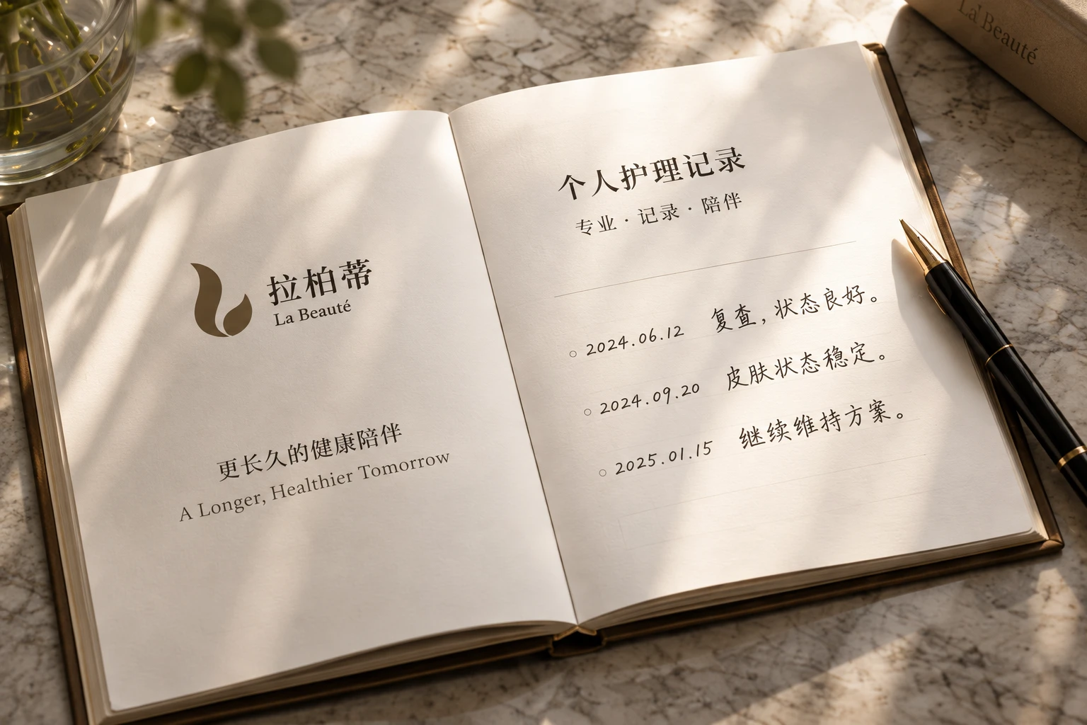 拉柏蒂个人护理记录册与手写阶段记录的品牌概念静物