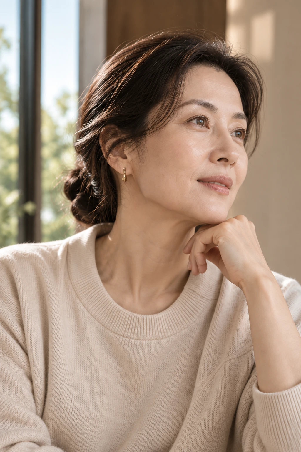 窗边从容静思的成熟女性，品牌人物概念摄影